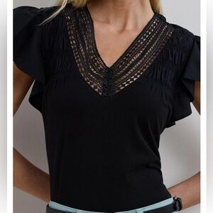 Ralph Lauren Black V-Neck Blouse with Ruffle Sleeves